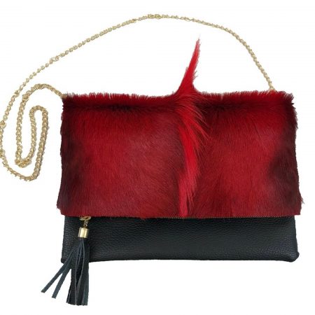 Red Springbok & Leather Foldover Clutch Purse w/Removable Strap