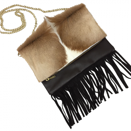 Springbok & Leather Foldver Clutch Purse w/Fringe - Style A