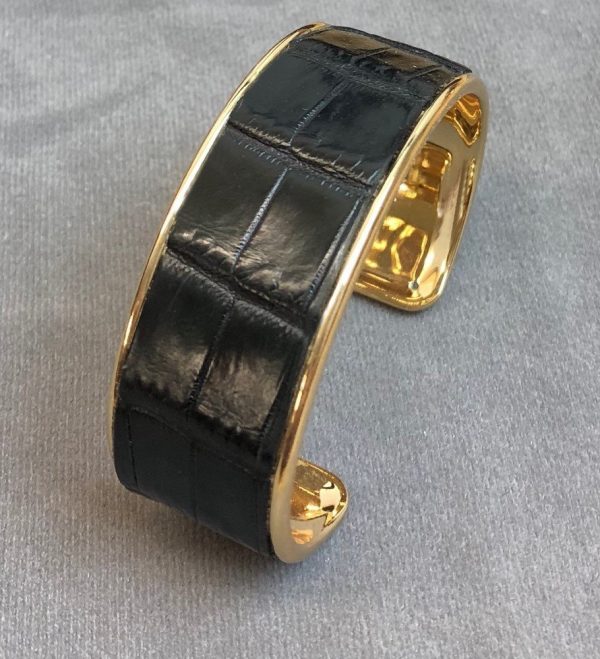 Crocodile Skin Channel Cuff / Bracelet - Black - Gold Narrow